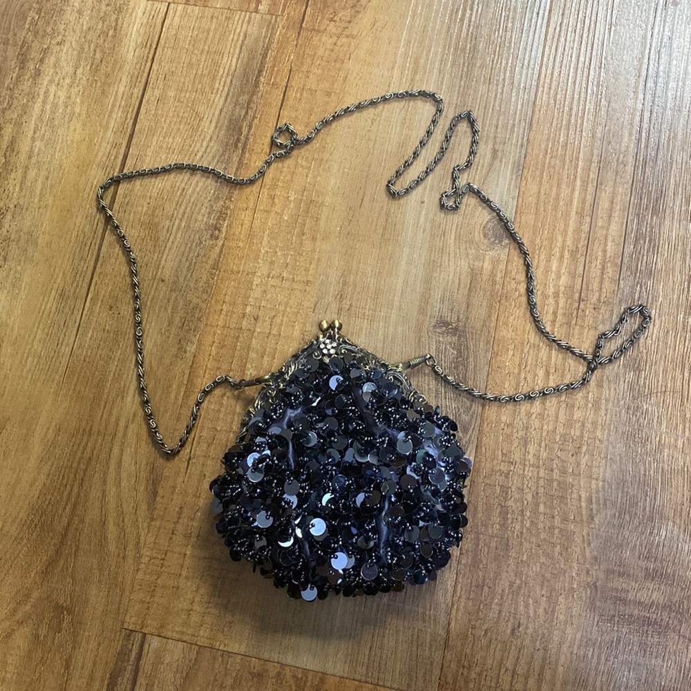 Black Beaded & Sequin crossbody coin purse with bronze chain